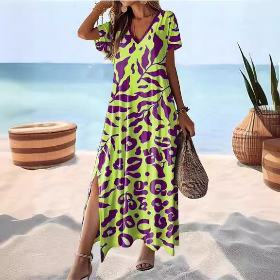 Damen Maxikleid mit tierischem Muster und seitlichem Schlitz R&B