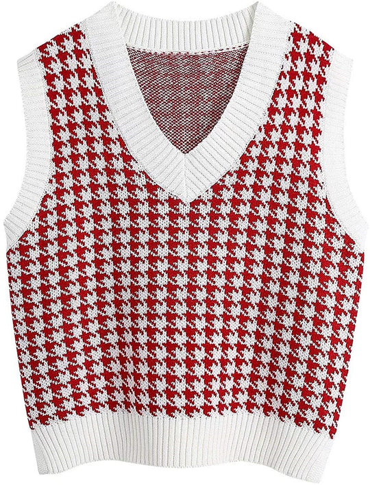 Damen ärmellose Strickweste mit modernem Hahnentrittmuster R&B