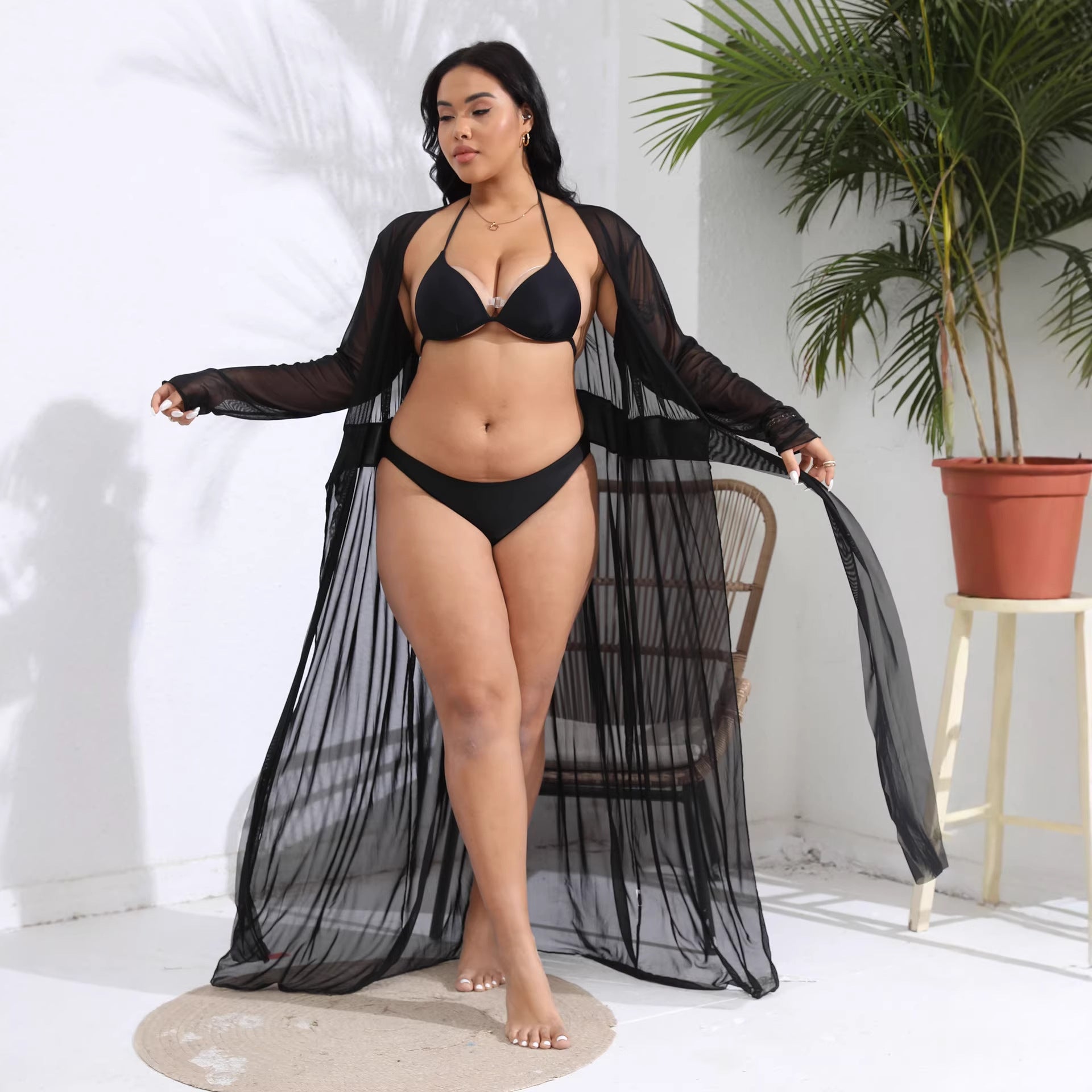 Damen transparenter Strandüberwurf mit verspieltem Taillengürtel R&B