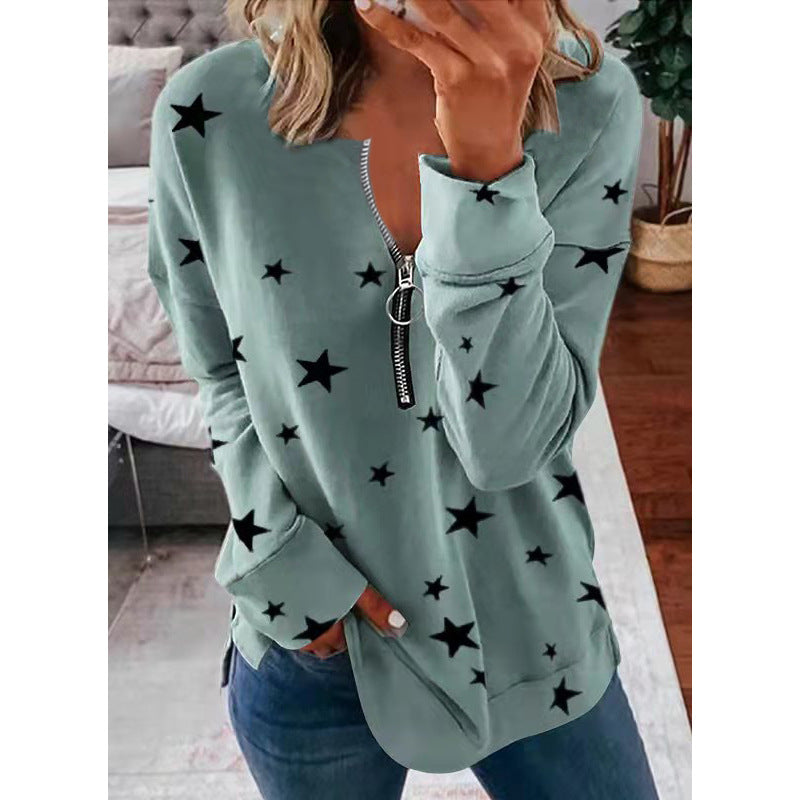 Damen Lässiger Sweatshirt mit Reißverschluss und Sternenmotiv R&B