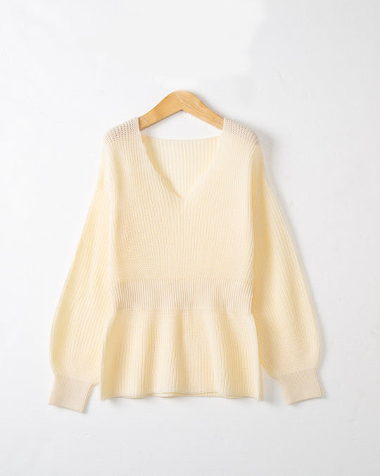 Damen Grobstrickpullover mit tiefem V-Ausschnitt und lässigem Schnitt R&B