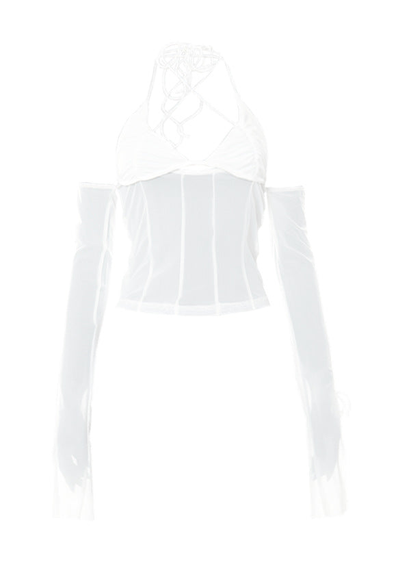 Damen Crop-Top mit transparentem Design und raffinierten Rüschenärmeln R&B
