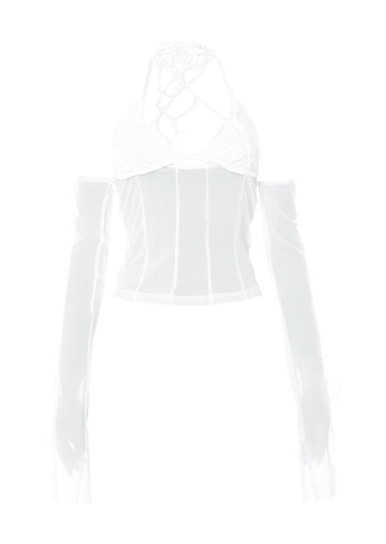 Damen Crop-Top mit transparentem Design und raffinierten Rüschenärmeln R&B
