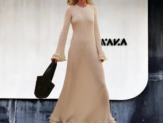 Damen Elegantes Maxikleid mit raffiniertem Rippdesign und fransigen Ärmeln R&B