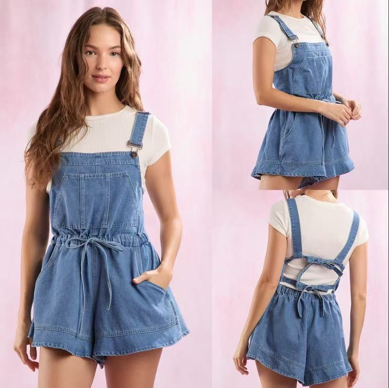 Damen Jeans-Latzkleid mit verstellbaren Trägern und praktischem Kordelzug