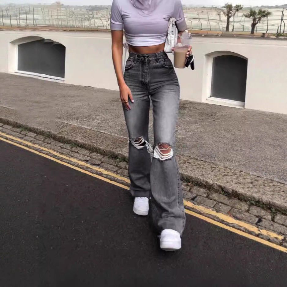 Damen lässige Bootcut Jeans mit Destroyed-Details