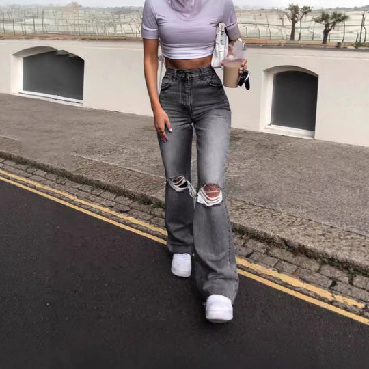 Damen lässige Bootcut Jeans mit Destroyed-Details
