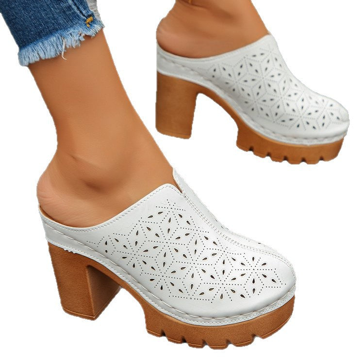 Damen Offene Clogs mit floralem Cut-Out Design und klobigem Absatz R&B