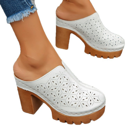 Damen Offene Clogs mit floralem Cut-Out Design und klobigem Absatz R&B
