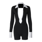 Damen Eleganter Jumpsuit mit tiefem Ausschnitt und kontrastierenden Ärmeln R&B