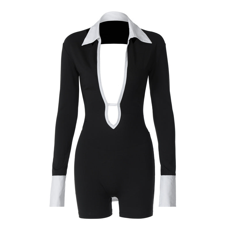 Damen Eleganter Jumpsuit mit tiefem Ausschnitt und kontrastierenden Ärmeln R&B