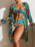 Damen Bikini-Set mit floralen Mustern und luftiger Kimono-Überjacke R&B