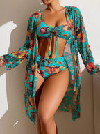 Damen Bikini-Set mit floralen Mustern und luftiger Kimono-Überjacke R&B