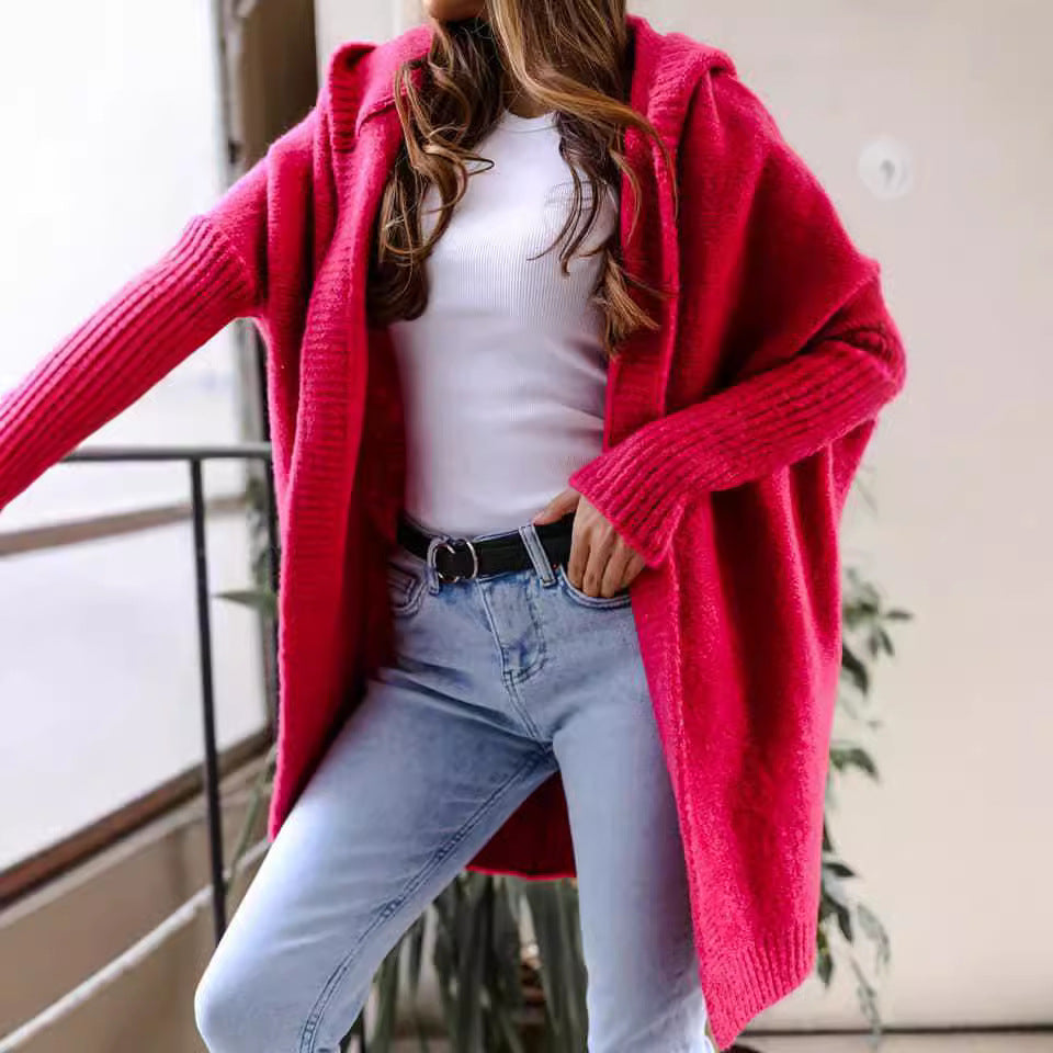 Damen kuschelige Strickjacke mit Kapuze und offenem Schnitt R&B