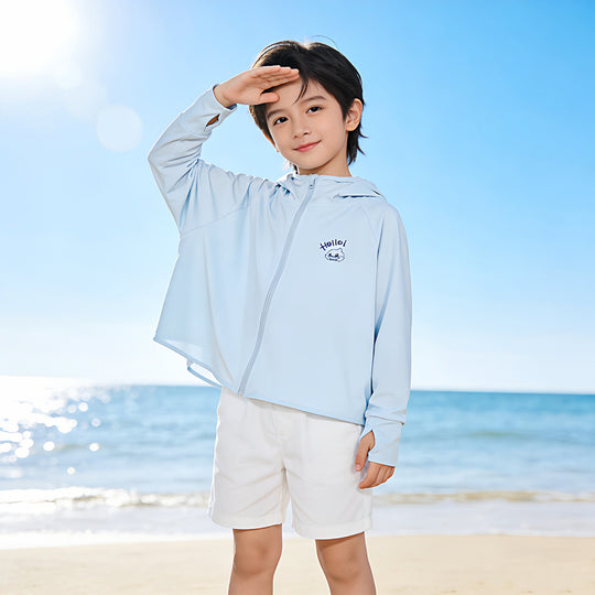 Unisex Nan Kids hoch UPF bewertete Kapuzen-Sonnen-Schutzjacke mit Reißverschluss-Gesichtsschutz und Pferdeschwanzöffnung R&B