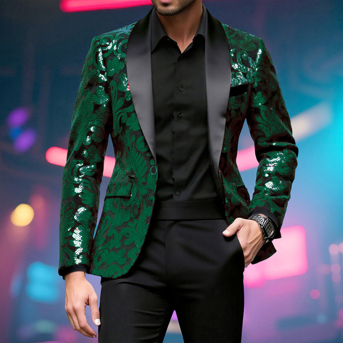 Herren glamouröser Pailletten-Blazer mit floralem Design und elegantem Schnitt R&B