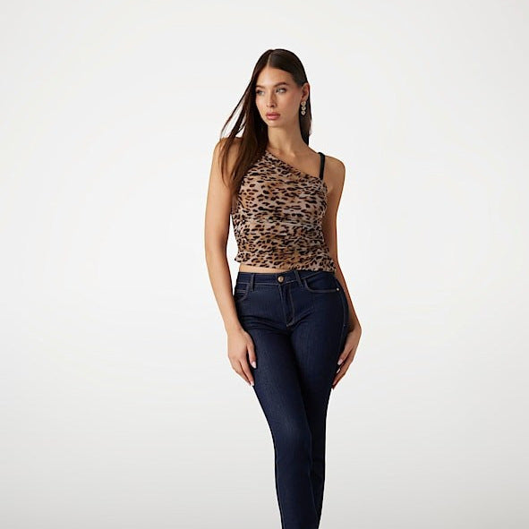 Damen Asymmetrisches Top mit Leopardenmuster und raffinierten Rüschen R&B