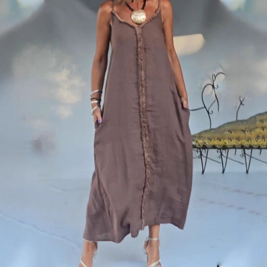 Damen nan luftiges Leinenoptik-Maxi-Trägerkleid mit fransiger Mittelnaht und Eingrifftaschen R&B