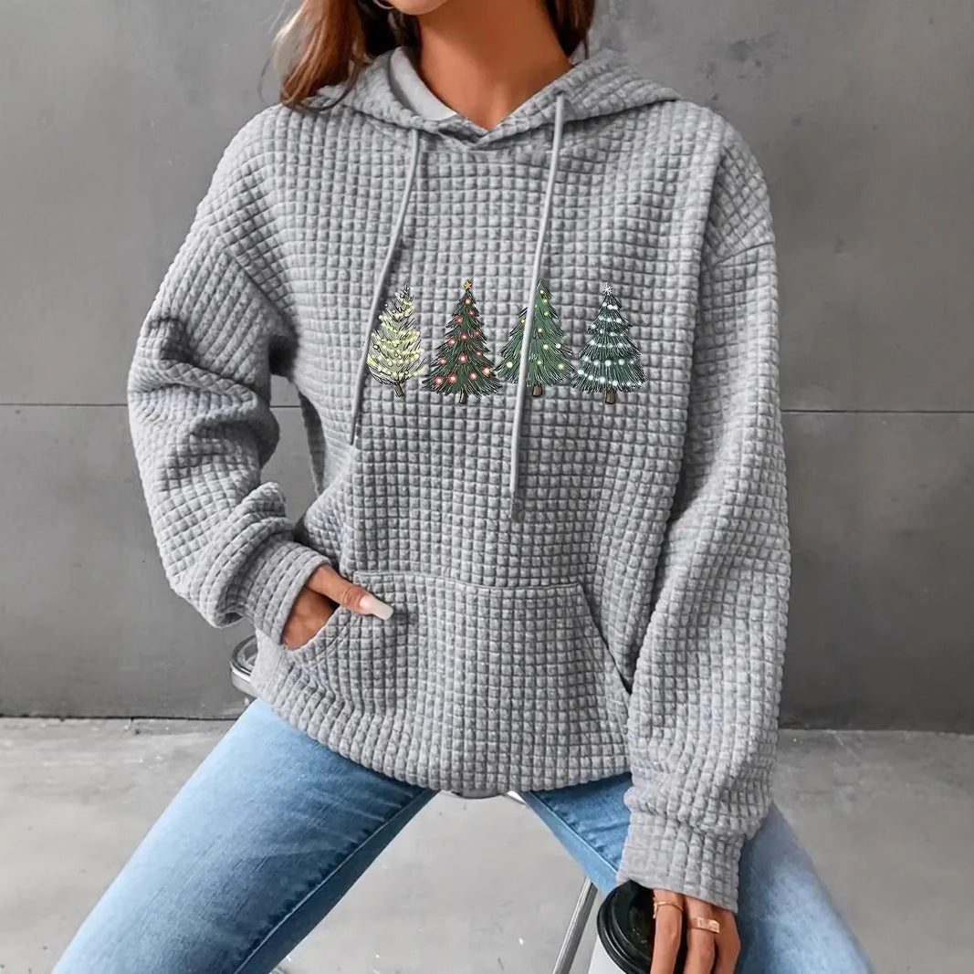 Damen Waffel-Pullover mit übergroßer Kapuze und festlichem Baumdesign
