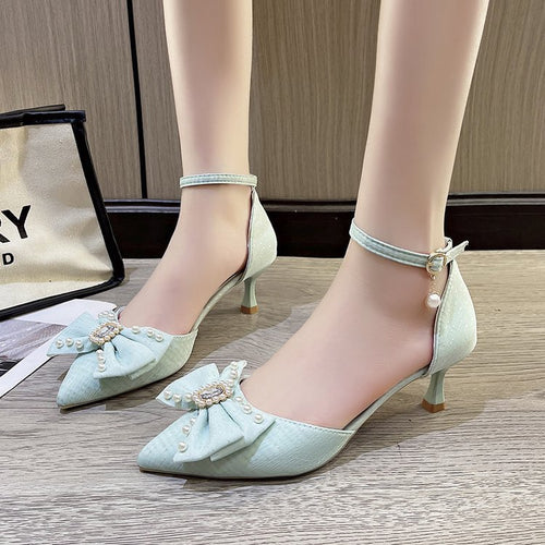 Damen eleganter Absatzschuh mit Schleife und Zierperlen R&B
