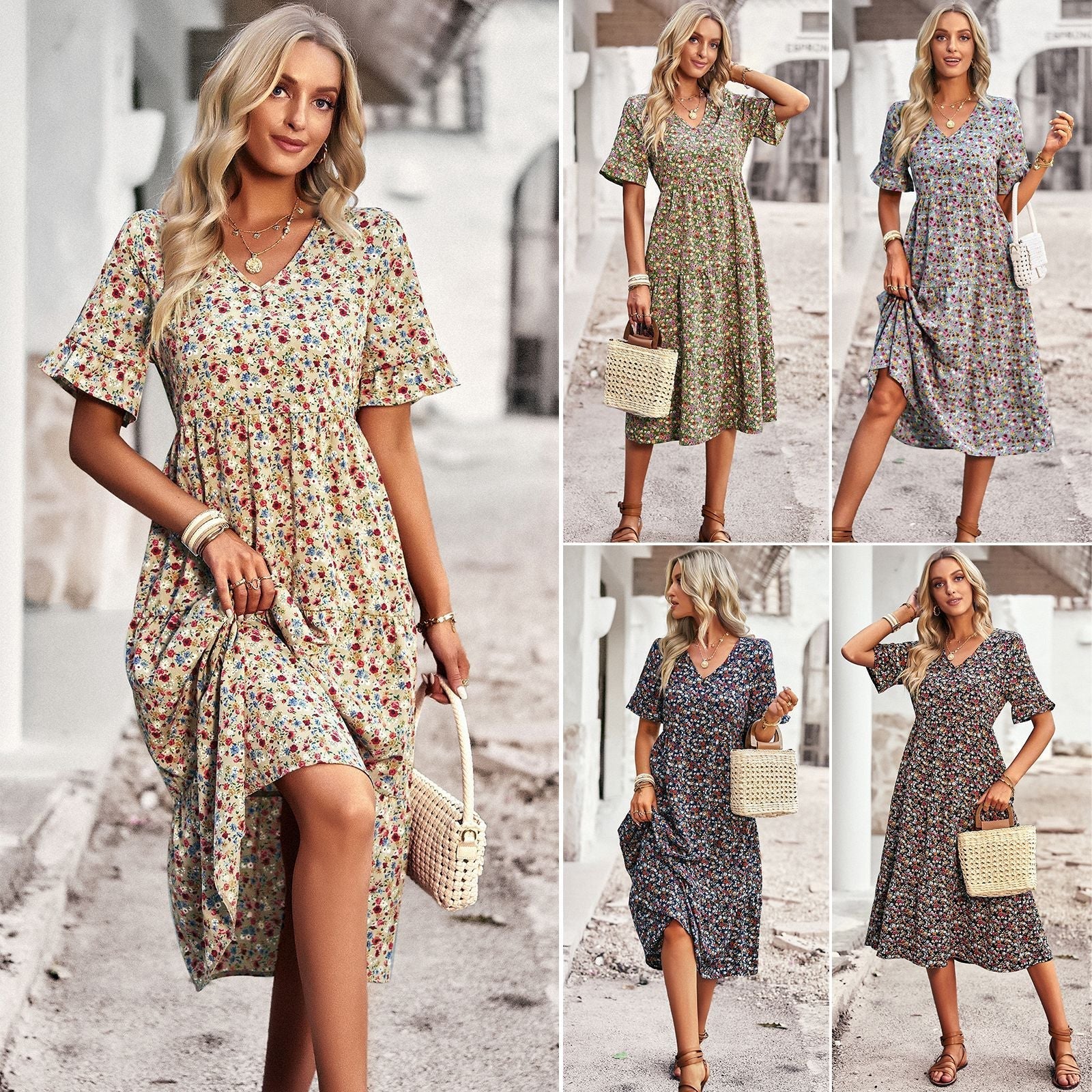 Damen Midi-Kleid mit Floralem Muster und Verspieltem V-Ausschnitt R&B
