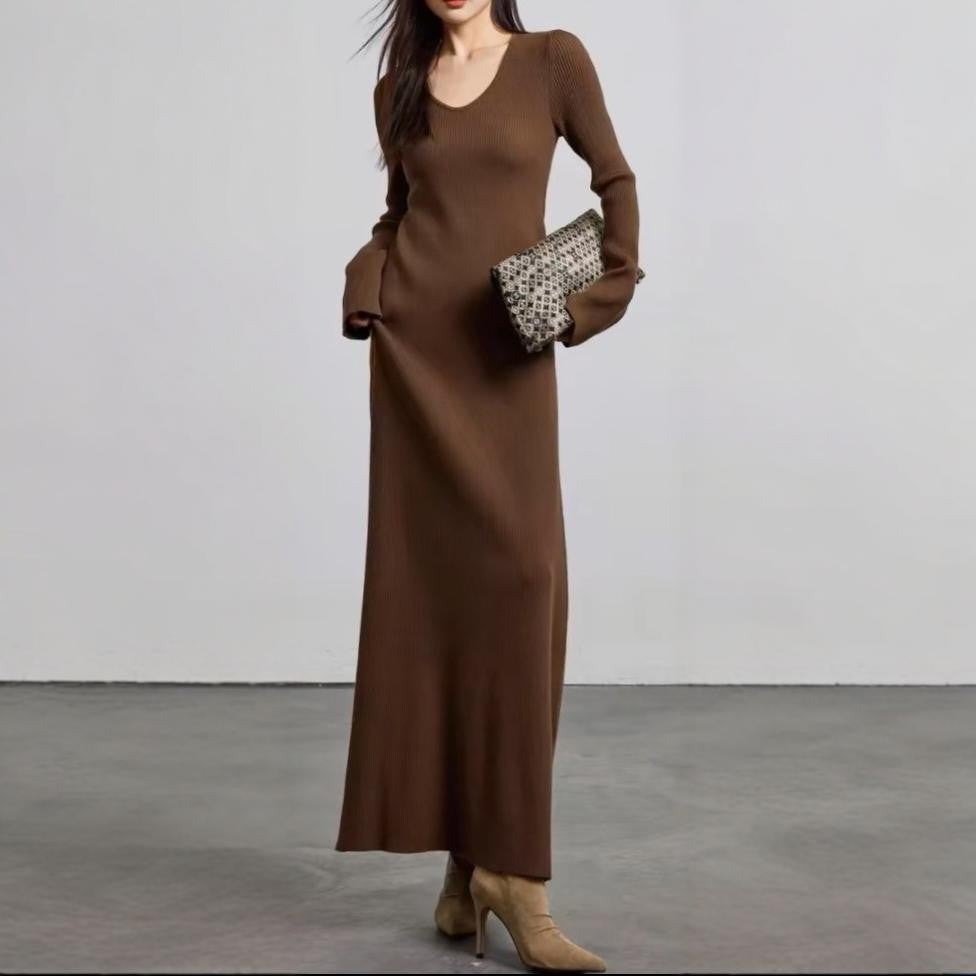 Damen elegantes Maxikleid mit feiner Rippstruktur und V-Ausschnitt R&B