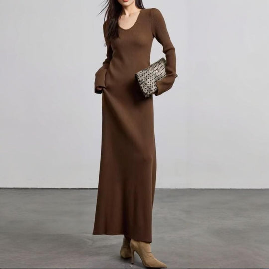 Damen elegantes Maxikleid mit feiner Rippstruktur und V-Ausschnitt R&B
