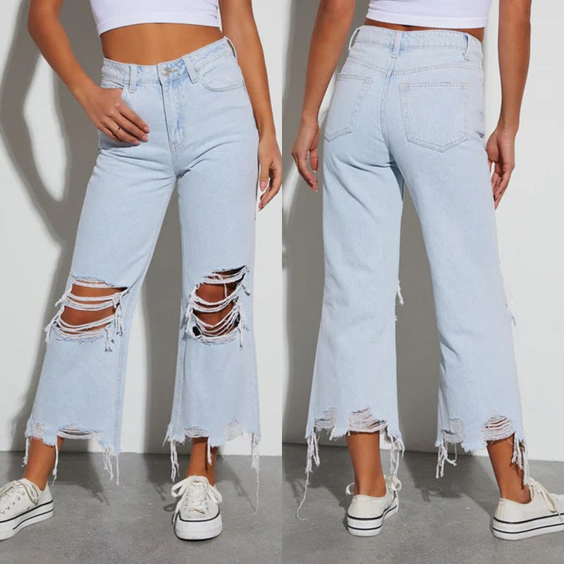 Damen Distressed Jeans mit weitem Bein und fransigem Saum R&B