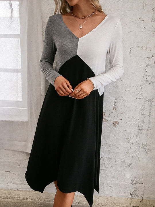 Damen langärmliges Wickelkleid mit asymmetrischem Saum und V-Ausschnitt R&B