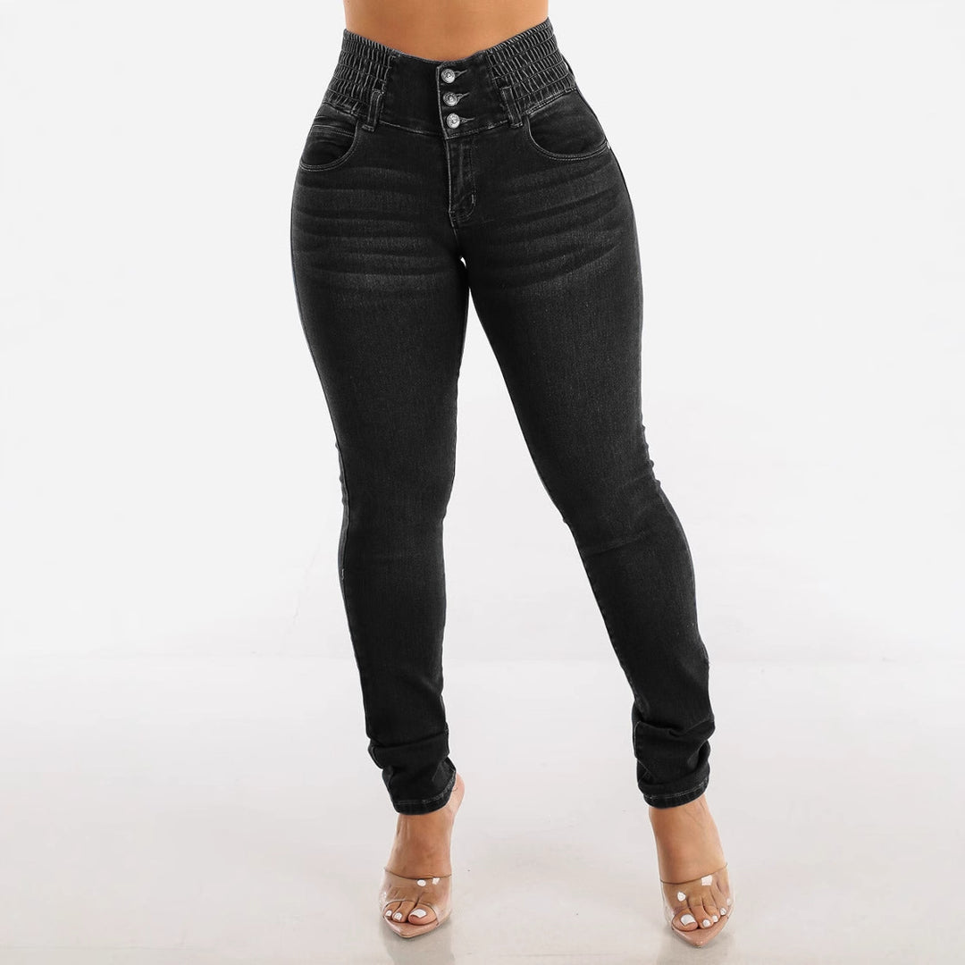 Damen Slim Fit Jeanshose mit elastischem Bund und Knopfverschluss R&B