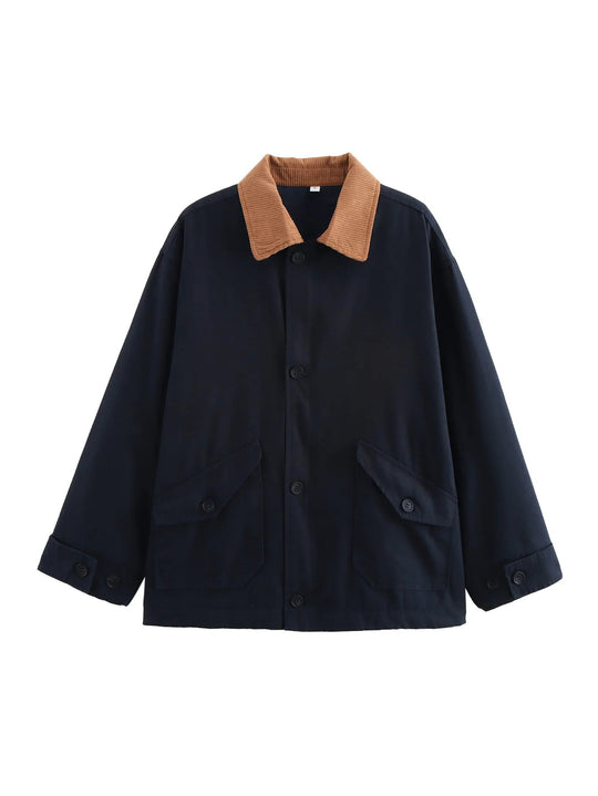 Damen lässige Übergangsjacke mit cordartigem Kragen und praktischen Taschen R&B