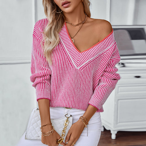Damen Strickpullover mit V-Ausschnitt und gestreiftem Design R&B