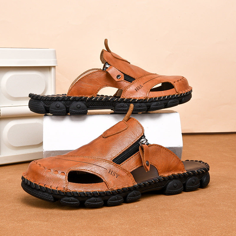 Herren Bequeme Leder-Sandalen mit praktischem Reißverschluss R&B