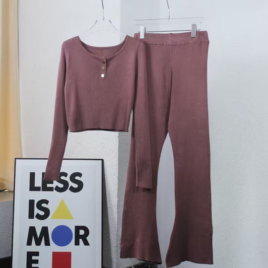 Damen lässiges Strick-Loungewear-Set mit Knopfdetails und weitem Bein R&B
