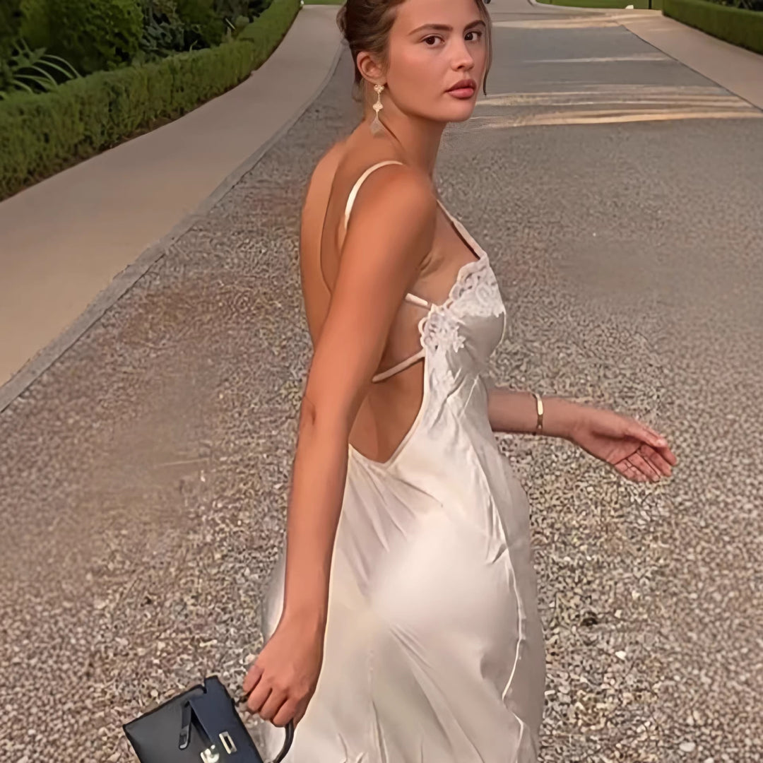 Damen elegantes Satin Maxikleid mit Spitzenbesatz und schmalem Trägerdesign R&B