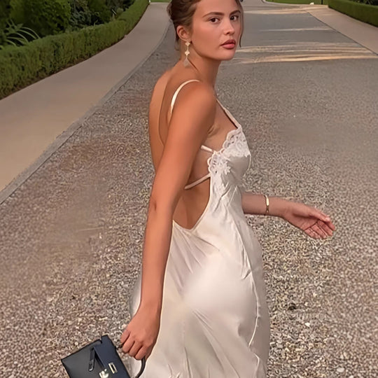 Damen elegantes Satin Maxikleid mit Spitzenbesatz und schmalem Trägerdesign R&B