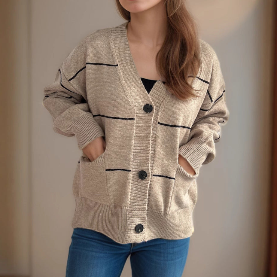 Damen lässige Strickjacke mit praktischen Taschen und modischen Kontraststreifen R&B