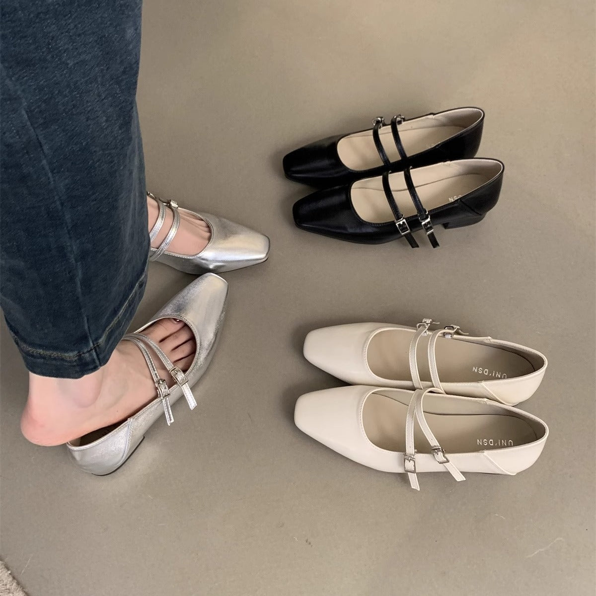 Damen elegante Mary Jane Ballerinas mit modischem Doppelriemen und komfortablem Fußbett R&B
