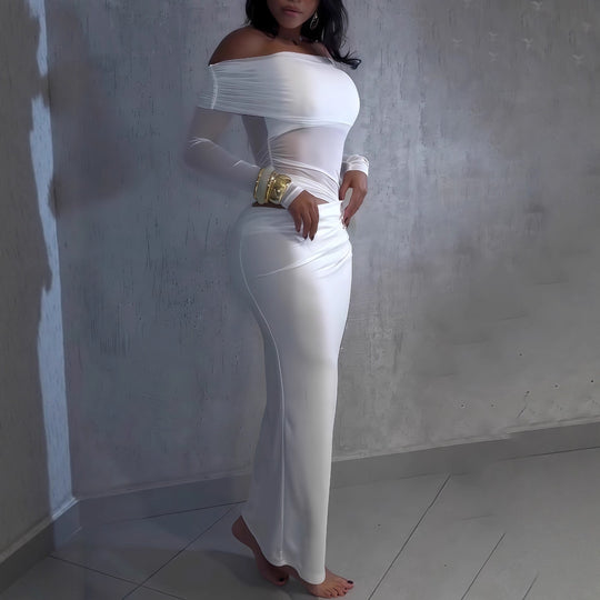 Damen Maxi-Kleid mit schulterfreiem Design und eleganter Drapierung R&B