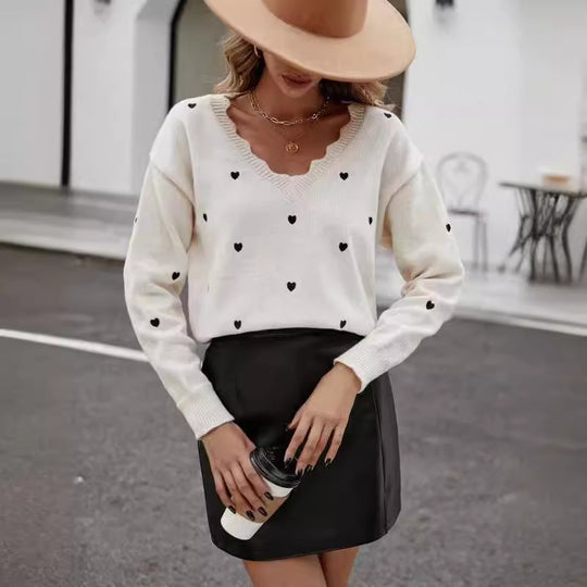 Damen Strickpullover mit herzförmigem Muster und weitem Schnitt R&B