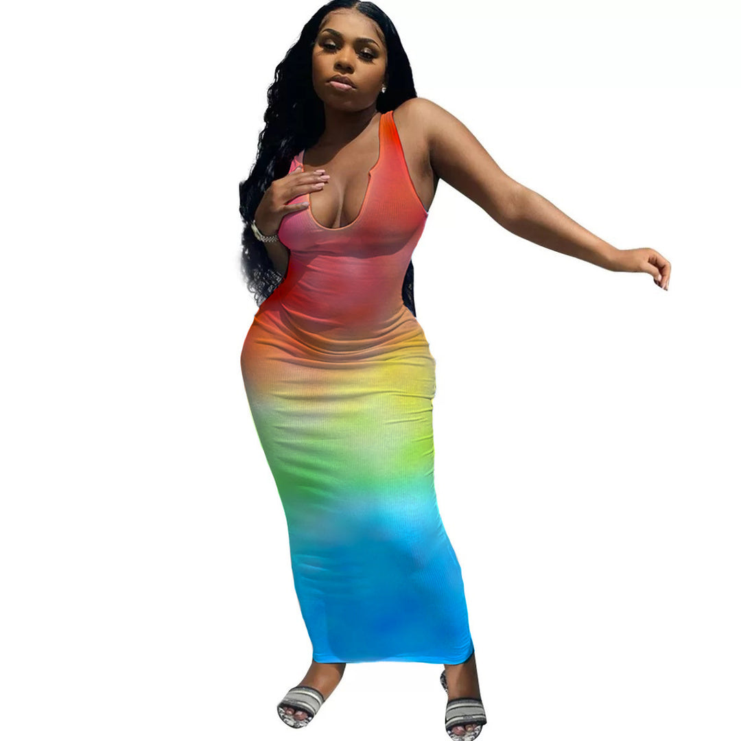 Damen Maxikleid mit tiefem Ausschnitt und Farbverlauf R&B