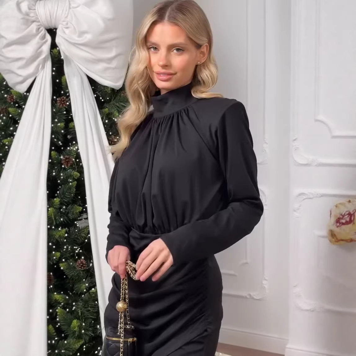 Damen Elegantes Wickelkleid mit langen Ärmeln und Raffung R&B