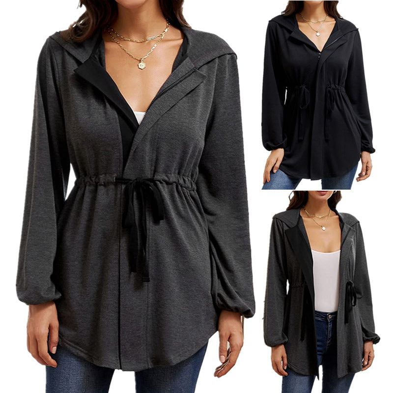 Damen lässige Oversized-Hemdjacke mit Kapuze und Taillenzug R&B
