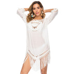 Damen Häkel-Strandtunika mit fransigem Saum und transparentem Design R&B