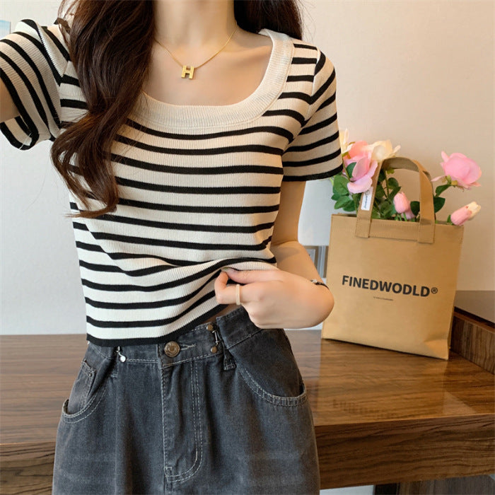 Damen cropped Streifenoberteil mit modernem Knoten-Design und elastischem Saum R&B