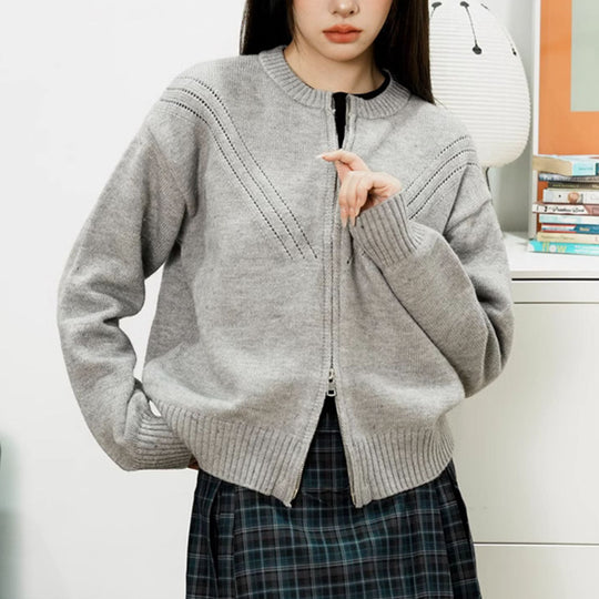 Damen kuschelige Strickjacke mit modernem Reißverschluss und feinem Strukturdesign R&B