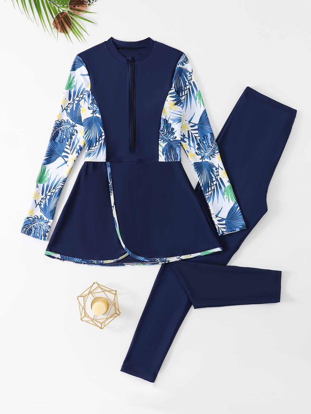 Damen Modisches Schwimmanzug-Set mit floralem Design und langem Arm R&B