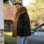Herren Elegante und warme Fleecejacke mit Kunstpelzkragen R&B