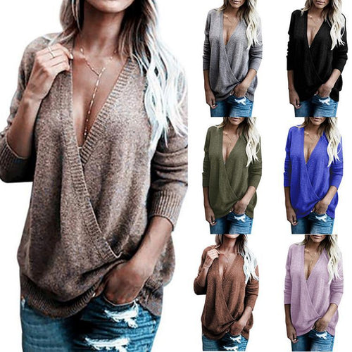 Damen Wickelpullover mit tiefem V-Ausschnitt und langen Ärmeln R&B