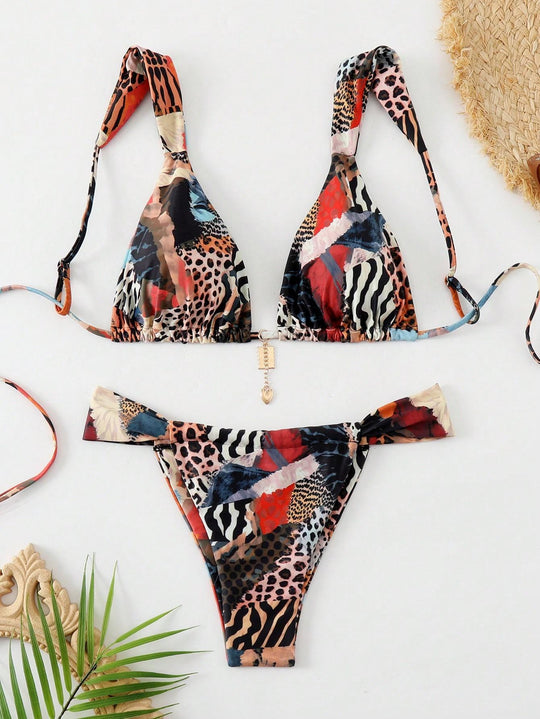 Damen Triangel-Bikini mit verspieltem Mustermix R&B